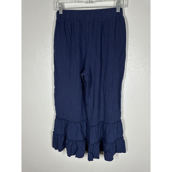 Ruffle Hem Pants Womens Medium Navy Culottes Cropped Elastic Waist Pockets - Picture 8 of 8